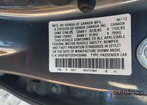 2013 Honda Civic Lx z USA, uszkodzony, nr VIN 2HGFB2F52DH550466